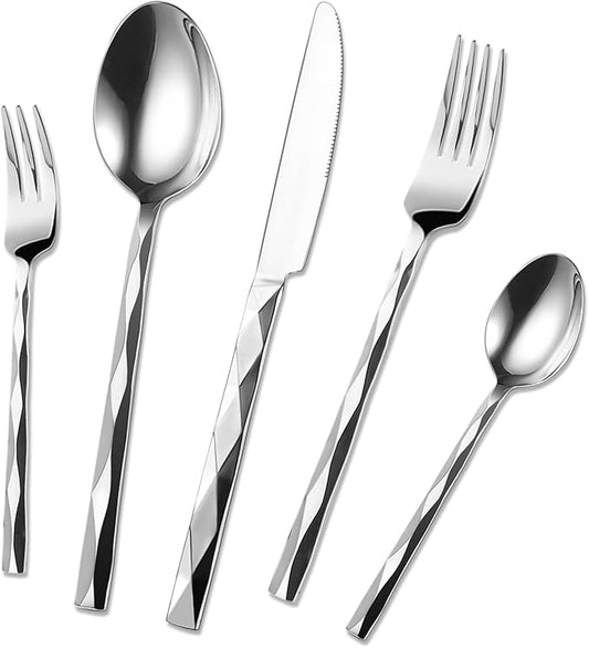 20-Piece Silverware Set, Premium Flatware Set for 4, 18/10 Stainless Steel Cutlery with Diamond Cut Pattern for Dinner, Kitchen, Home, Wedding, Party, Dishwasher Safe