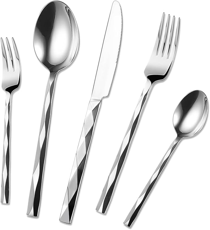 40-Piece Silverware Set, Luxury Silverware Set for 8, Stainless Steel Flatware with Diamond Cut Pattern, Mirror Polished Utensil Sets, Dishwasher Safe