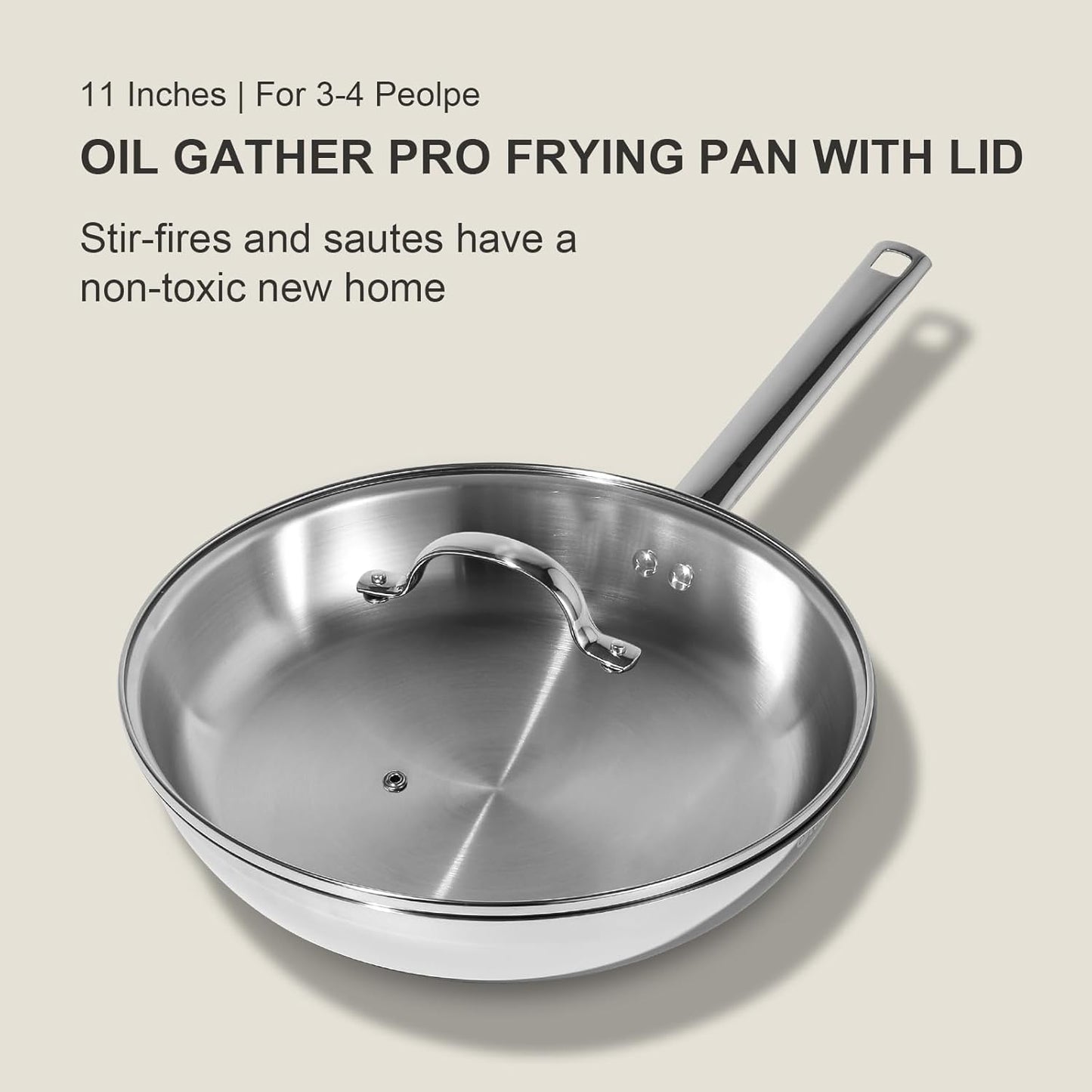 DELUXE Stainless Steel Frying Pan with Lid, 11-Inches Oil Gather Pro Skillet with 3-Ply Heavy Bottom, PFOA Free Frying Pot with Stay-Cool Handle Compatible with All Stoves, Dishwasher Oven safe