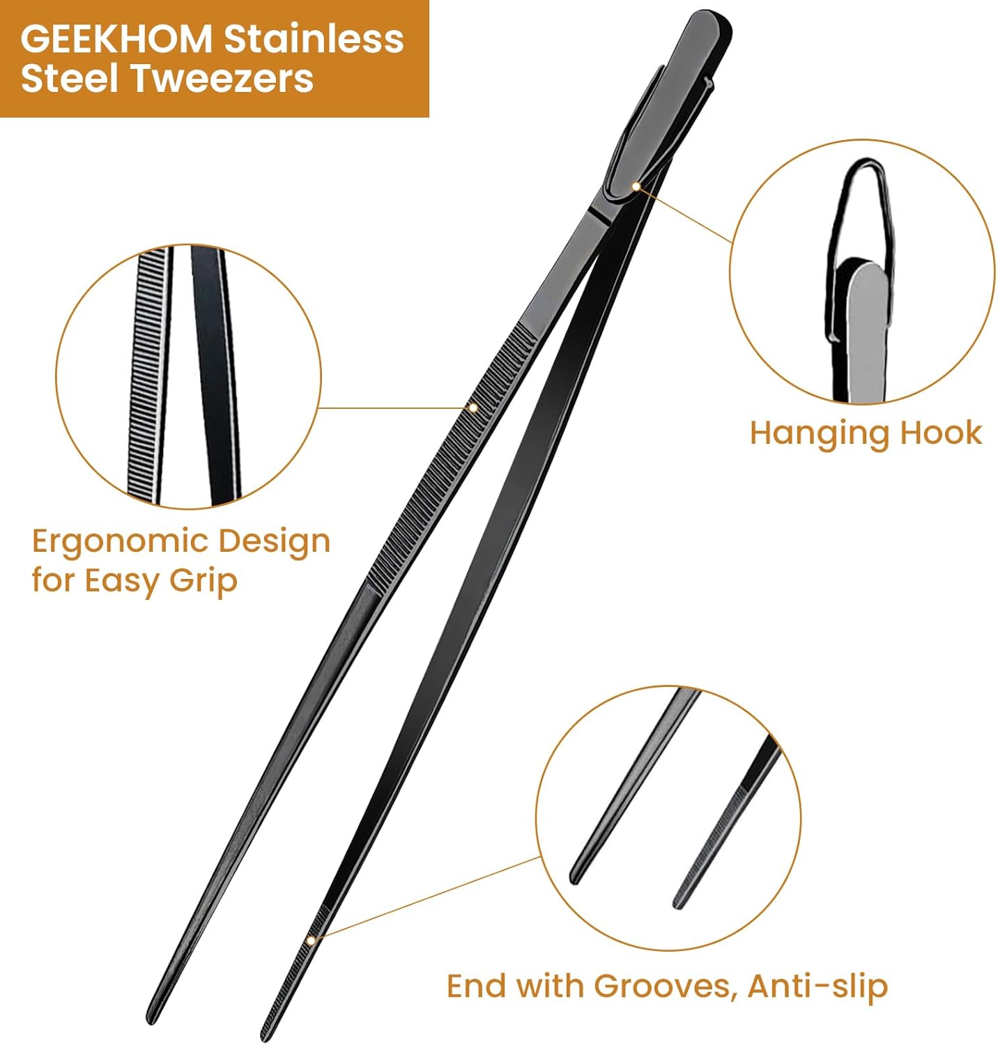 GEEKHOM 2 Pcs 12-Inch Black Professional Chef Tweezers, Stainless Steel Fine Tongs for Precision Cooking, Grilling, Meat and Baking