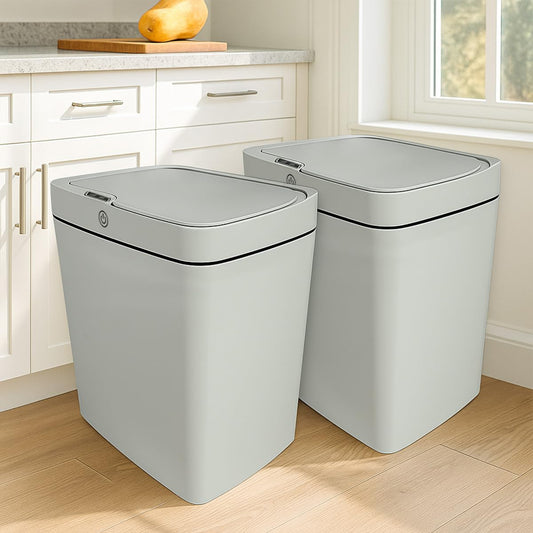 Two Gray smart sensor trash cans with a capacity of 4 gallons, supporting multiple opening methods, waterproof design, anti odor design, fast response, suitable for kitchens,bedrooms,offices, etc