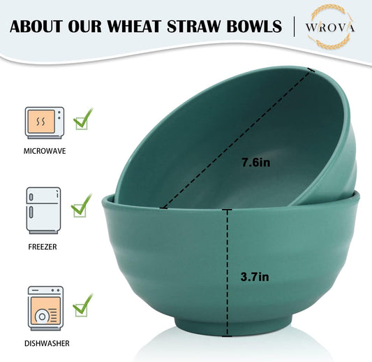 Wheat Straw Bowls Set 60 OZ Unbreakable Large Cereal Bowls Set of 6 Microwave and Dishwasher Safe Bowls Big Bowls for Dorm and Apartment BPA Free Soup Bowl for Serving Oatmeal and Salad (Green)