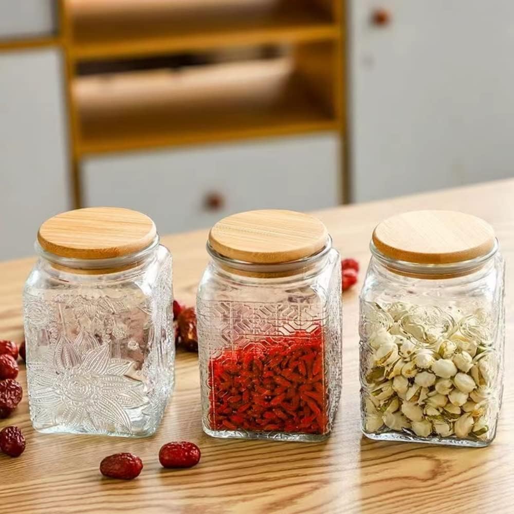 25.3 FL OZ Square Glass Jar, Glass Storage Canister with Airtight Lid, Glass Food Storage Containers for Candy, Coffee, Tea, Canning, Cute Jar (Square Begonia)