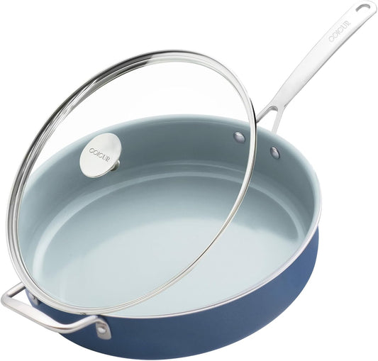 Nonstick Sauté Pan with Lid 5 QT Deep Frying Pan with Stainless Steel Helper Handle 12 inch Large Skillet Ceramic Jumbo Cooker for Healthy Cooking, Induction Compatible Cookware, PFOA Free