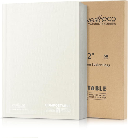 VestaEco Compostable Vacuum Sealer Bags, 8" x 12" 50 Count, Eco-Friendly, Heavy-Duty Food Storage Bags, BPA-Free, for Storage, Meal Prep or Sous Vide