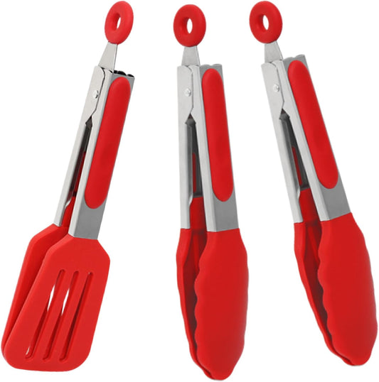 Mini Silicone Serving Tongs Set of 3, Small Kitchen Tongs (7 inch) with Silicone Tips and Stainless Steel Handle, Small Tongs for Steaks, Salads, Vegetables(Red)