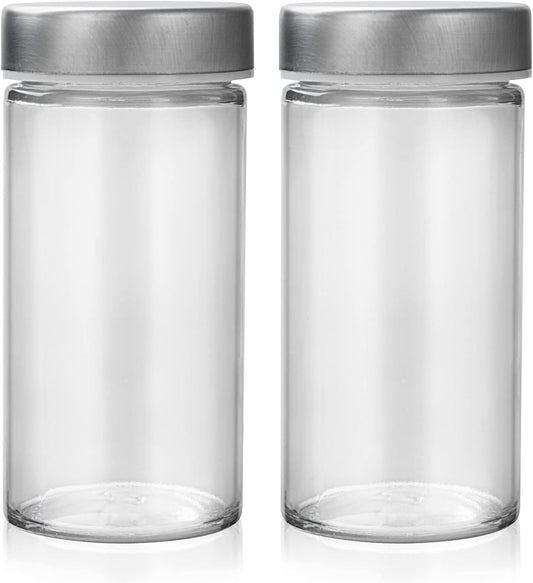 2 Pcs Glass Spice Jars/Bottles - 3oz Empty Round Spice Containers with Airtight Metal Caps with Shaker Lids (2, clear)