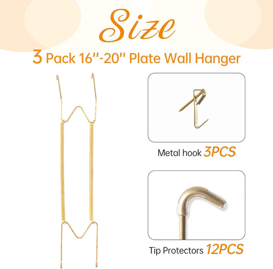 Bilillo 3 Pack Plate Hangers for The Wall, 16–20 Inch Large Decorative Plates, Heavy Duty Stainless Steel Spring Wire Holders with Wall Hooks for Secure Display of Platters and Collectible Plates