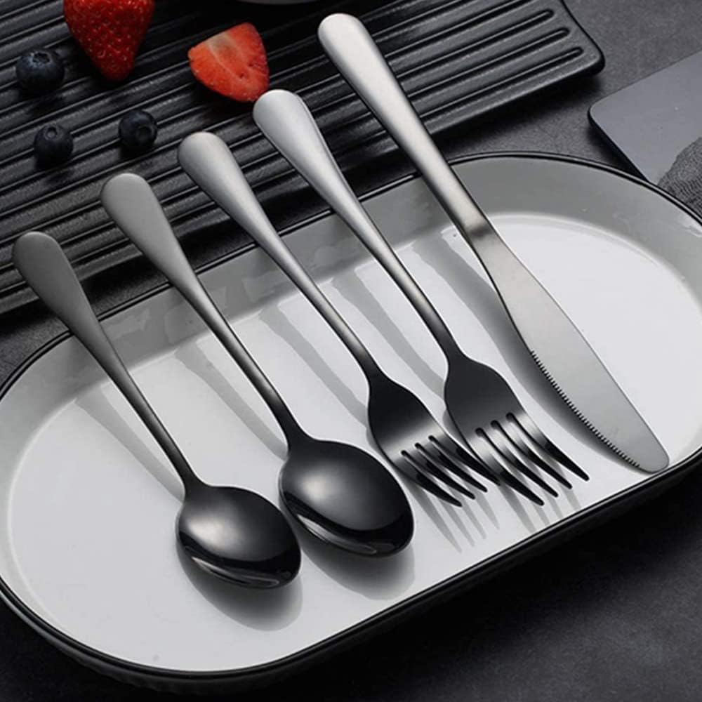 Black Silverware Set for 12 Stainless Steel Flatware 60 Piece Cutlery Spoon Fork Knife Kitchen Eaing Utensils Wide Round Handle Restaurant Festival Parties Easy to Clean