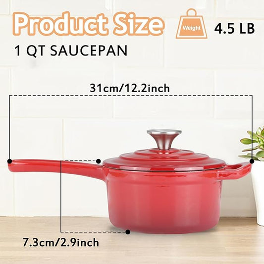 Enameled Cast Iron Sauce Pan, 1 Quart Enameled Saucepan with Lid, Mini Dutch Oven Enamel Saucepan for Cooking Pasta Sauce, Gravy, Puddings, Marinate, Boiling (Gradient Red)
