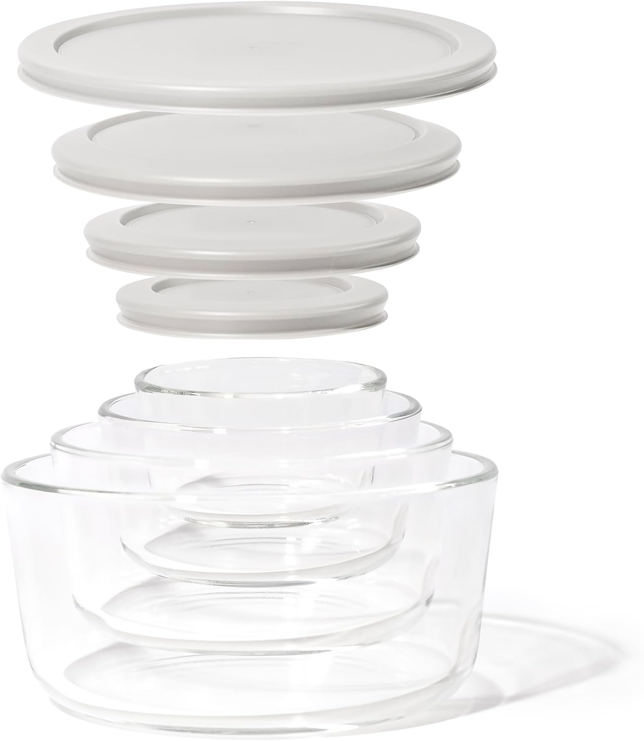 DURA LIVING 8-Piece Glass Food Storage Containers Set (4 Containers + 4 Lids) | Round, Nesting, Microwave & Dishwasher Safe | BPA-Free, Space-Saving | Grey Lids for Pantry & Kitchen Organization
