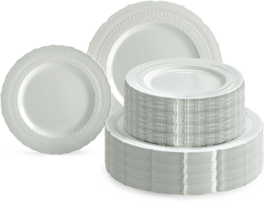 " OCCASIONS " 240 Plates Pack,(120 Guests) Extra Heavyweight Vintage Wedding Disposable/Reusable Plastic Plates 120x11'' Dinner + 120x8.25'' Salad/Dessert Plate (Chateau Light Gray)