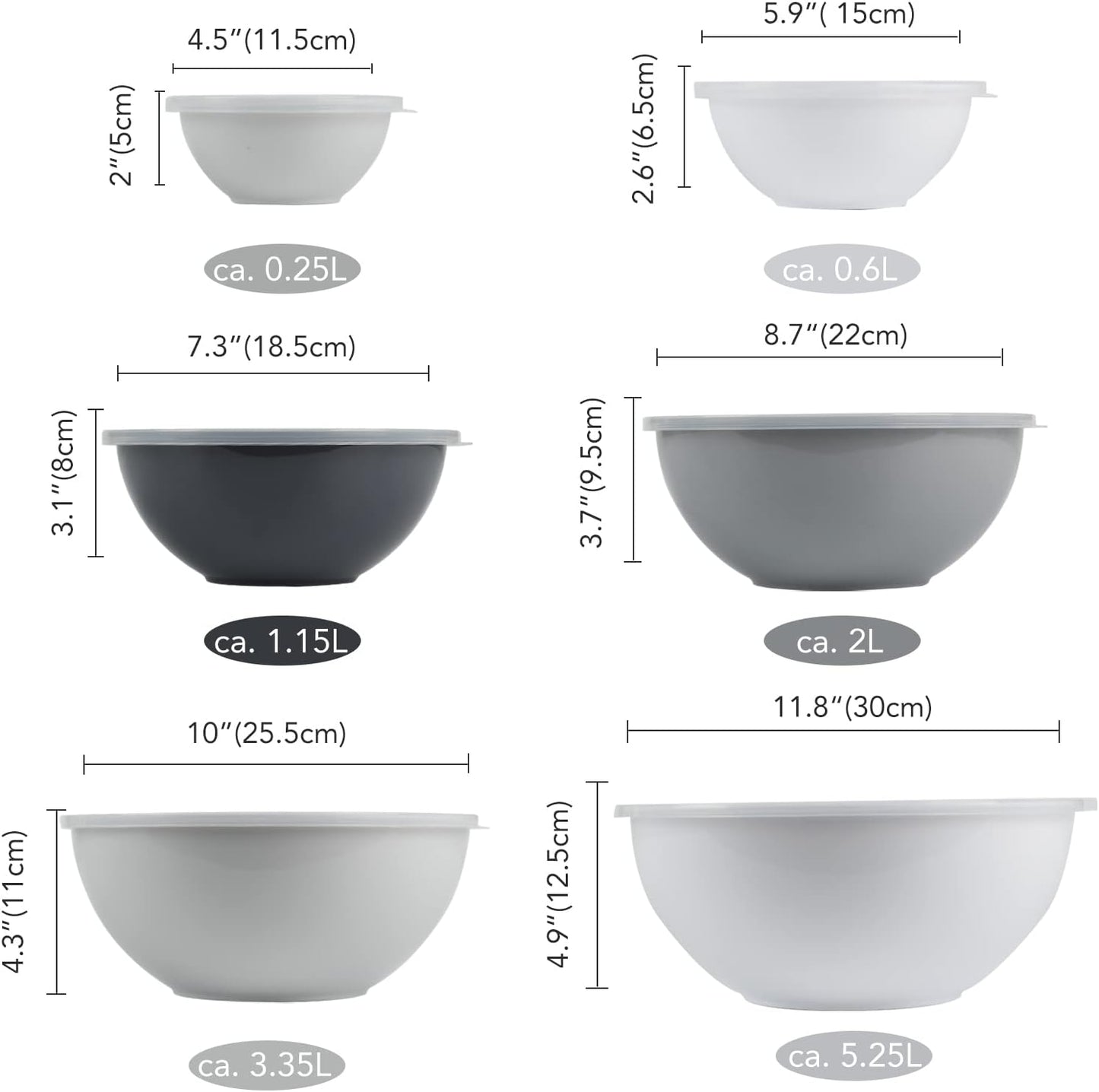BoxedHome BPA Free Plastic Round Mixing Bowl with Lids, 12 Pack Nesting Bowls with Lids Set, Microwave and Dishwasher Safe Prep & Serving Bowls Great for Mixing, Baking, Serving (White, 12pcs)