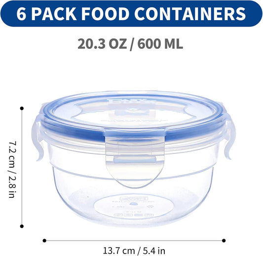 KIGI 6 PACK 20oz Plastic Mixed Bowls with Lid Leakproof Food Storage Container Set Small Meal Prep Containers Bento Box