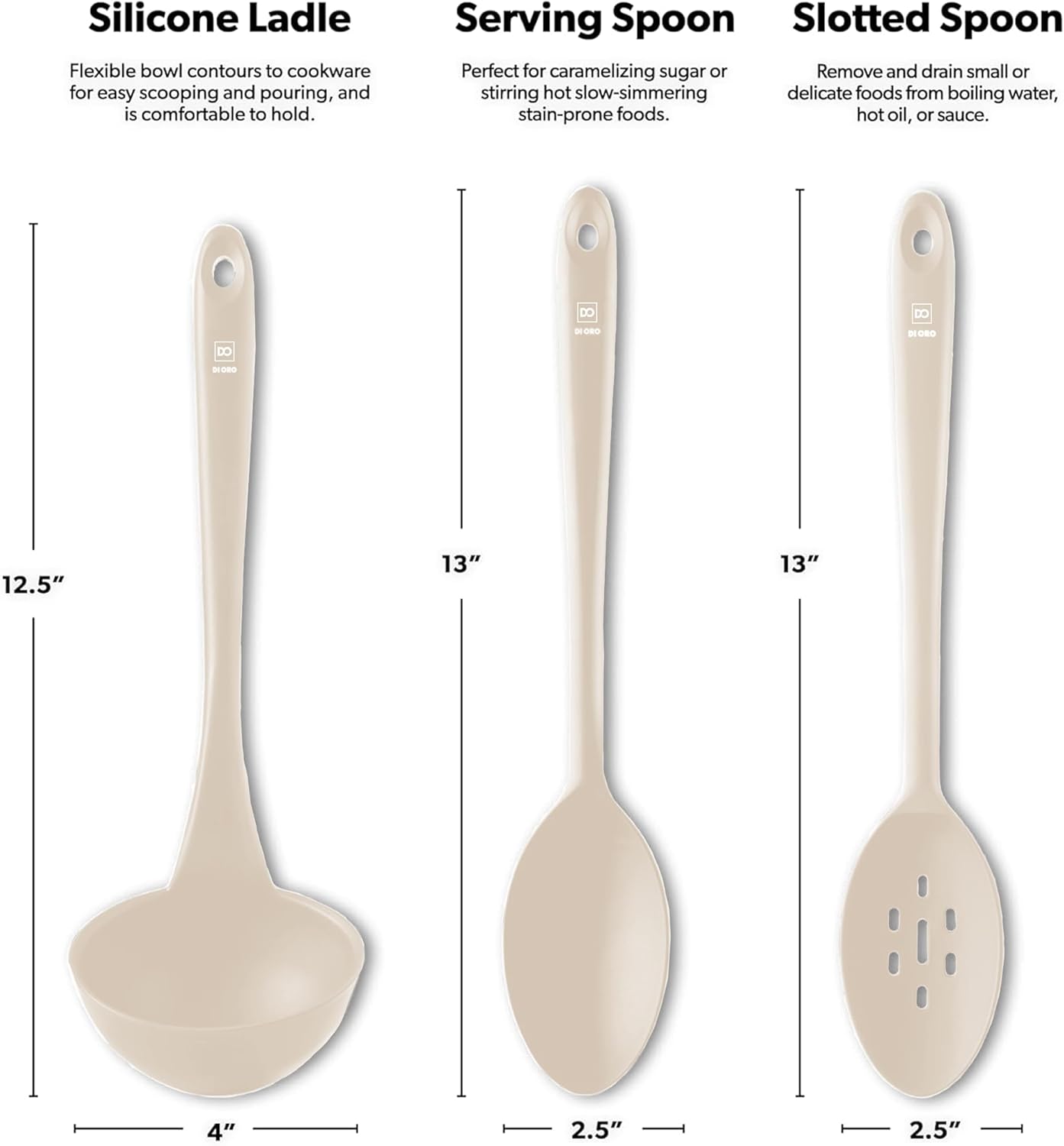 DI ORO Silicone Ladle & Spoons for Cooking – Large Kitchen Spoons for Mixing, Serving, & Stirring - Soup Ladle with Wide Bowl - High Heat Silicone Kitchen Utensils for Nonstick Cookware Safe (Clay)