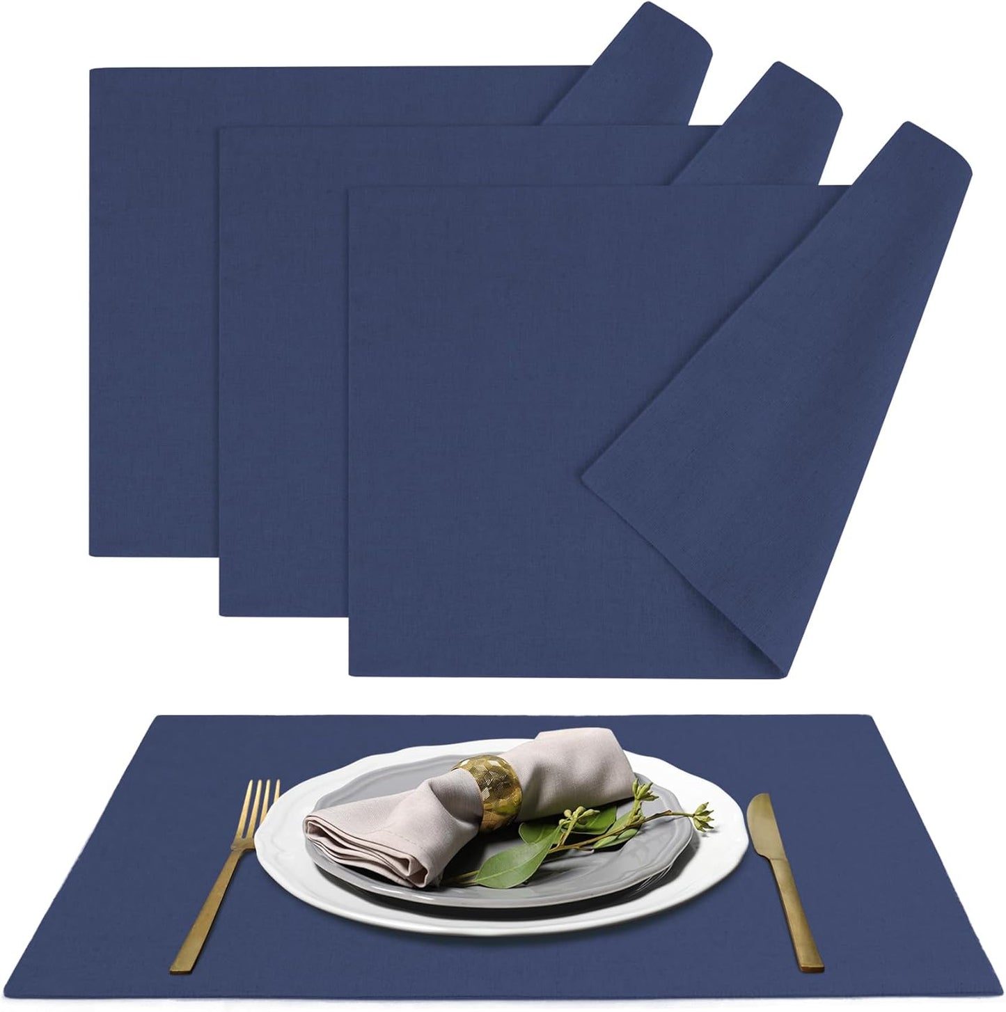 MANSPHIL Navy Blue Cloth Placemats Set of 4 Cotton Washable Thick Faux Linen Table Place Mats Heat Resistant Double Layer Fabric Wrinkle Free Dining Kitchen Table Decor - 13x19 Inch Oeko Tex Placemat