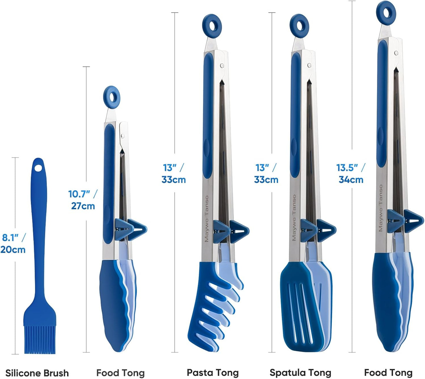 5-Pack Silicone Tongs for Cooking,Maywe Tanso 4PCS 13-Inch Kitchen Tongs with Silicone Tips,Nonstick Stainless Steel Tong for Steak Pie Pizza Pasta Spaghetti Salad BBQ Buffet,Plus Brush