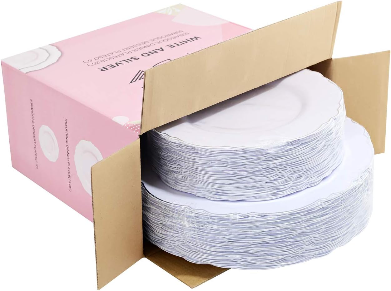 WDF 100pcs Silver Plastic Plates - High-end Baroque Design - Heavy Duty White &Silver Plates for Christmas Upscale Parties &Wedding