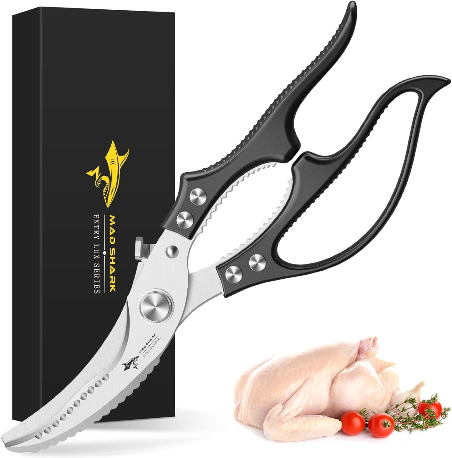 MAD SHARK Professional Heavy Duty Poultry Shears - Kitchen Shears for Spatchcocking Chicken and Meat Cutting, Multi-Purpose Kitchen Scissors for Food, Spring-loaded (Black)
