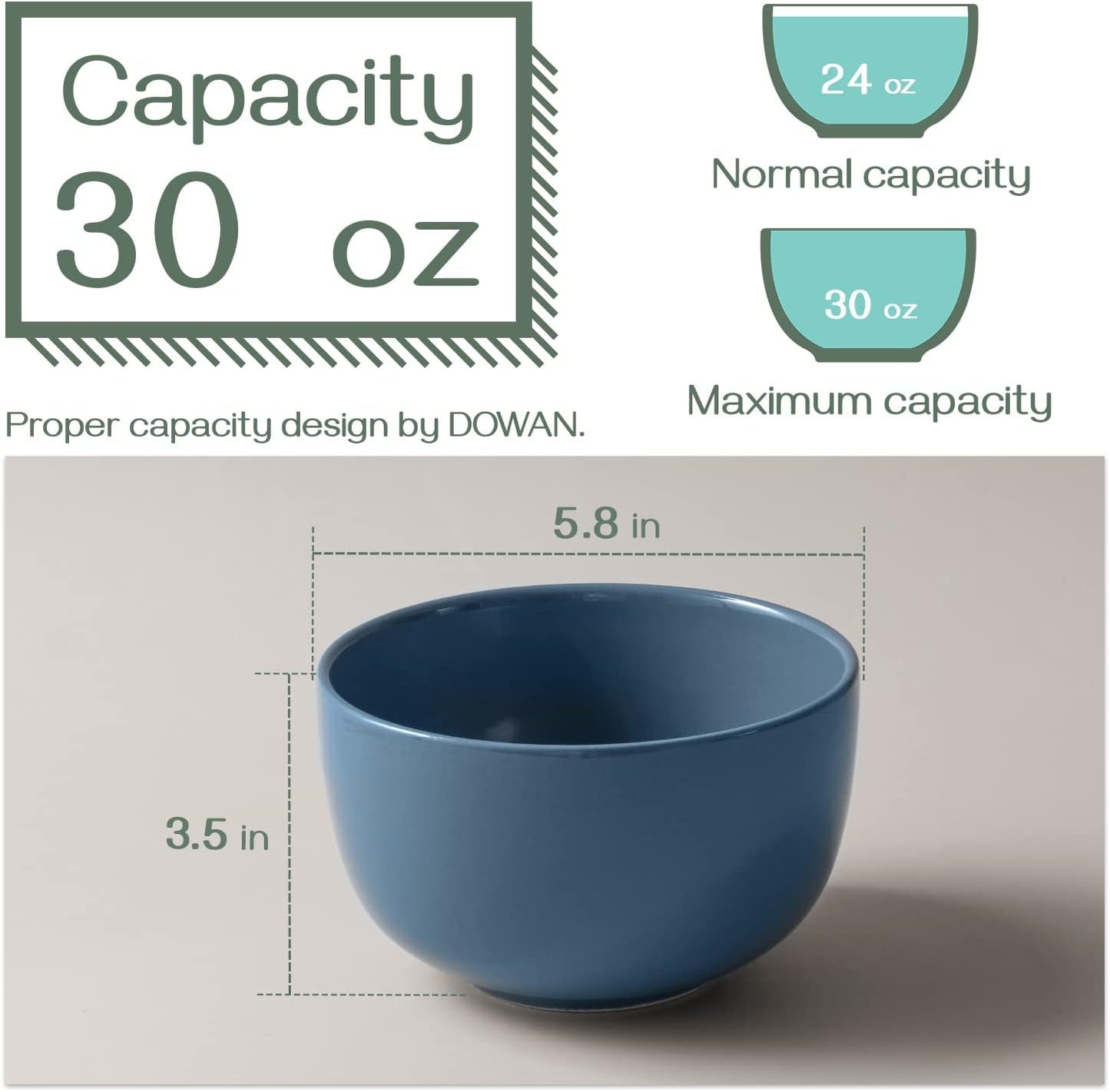 DOWAN 5.8" Deep Soup Bowls & Cereal Bowls - 30 Ounces Large Bowls Set of 4 for Kitchen - Ceramic Bowls for Cereal, Soup, Oatmeal, Salad, Ramen, Noodle, Rice - Dishwasher & Oven Safe (Airy Blue)