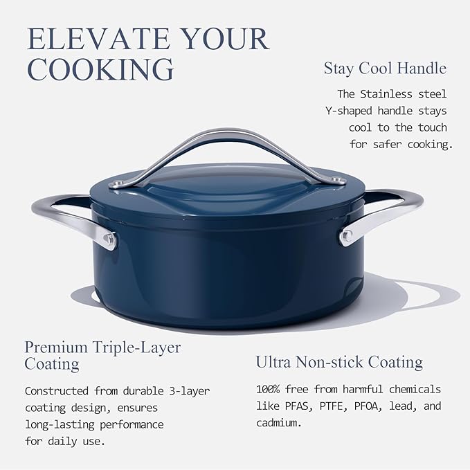Stock Pot 4.5QT Nonstick Ceramic Dutch Oven with Lid (9.5") Non-Toxic PFAS-Free Even Heat Distribution, for Braising, Baking Bread & Soups, Compatible for All Cooktops(Induction/Gas/Electric) Oven Safe to 500°F, Navy Blue