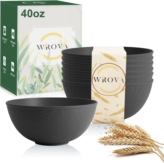 Wrova Black Cereal Bowls 40oz for Cereal Lover,Unbreakable Alternative Plastic Bowls Set of 6,Extra Thick Anti-Scald Bowl Sets suitable for Salad,Soup and Fruit.