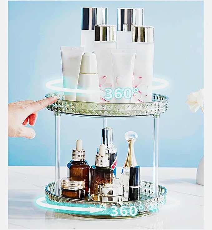 2 Tier Diamond Lazy Susan Bathroom Organizer Countertop, 9.25Inch Clear 360 Rotating Makeup Organizer for Cabinet, Kitchen, Pantry, Countertop, Bathroom, Skincare Perfume Organizer and Storage