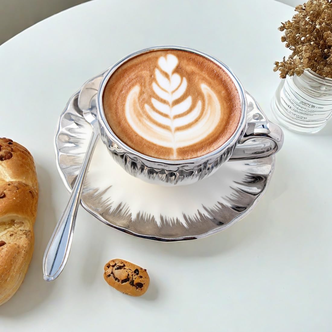 6 Teacups Tea Tray Spoon Set, 6oz with Galvanized Gold Rim and Gift Box, Ceramic White English Coffee Teacup (silver, Large)