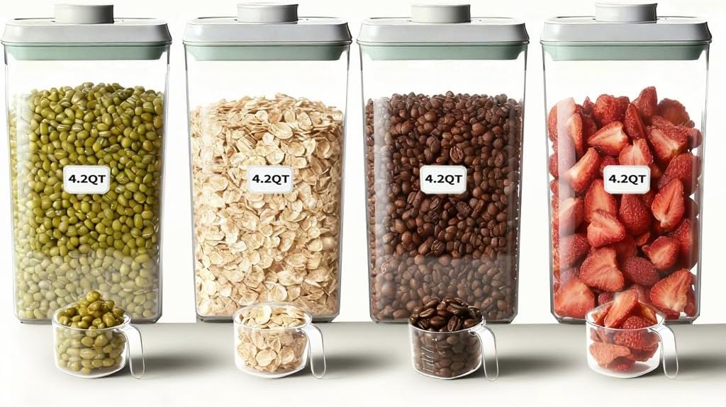 Large Pop Airtight Food Storage Containers Set with Lids 4.2Qt/4L Food Containers with Scoop, Kitchen Pantry Organization and Storage, BPA Free Stackable Cereal Container (4 * 4.2Qt)