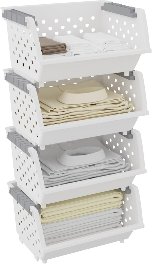 Xyskin Stackable Storage Bins, Large Open Front Storage Bins for Closet, Kitchen, Office, or Pantry Organization, Pack of 4