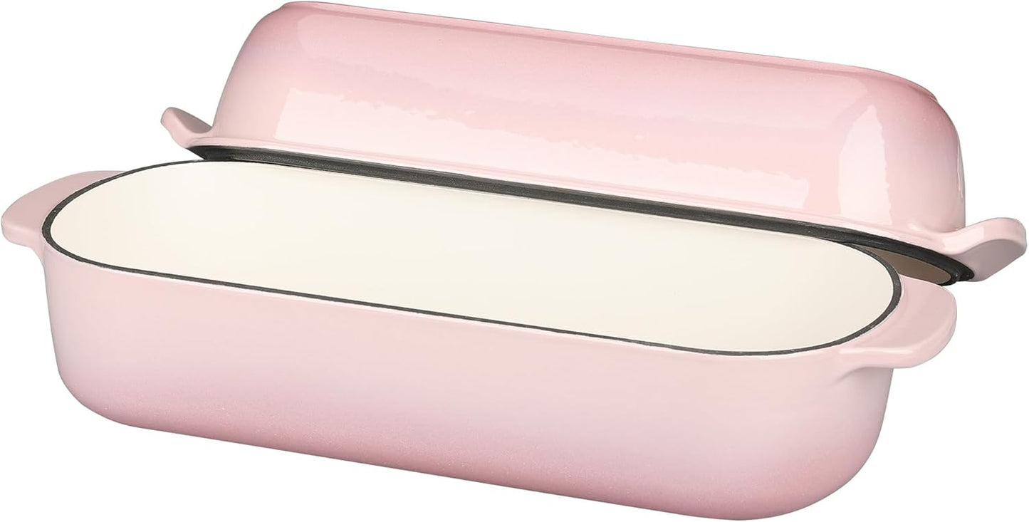 Enameled Cast Iron Loaf Pan with Lid, Dutch Oven Bread pan for Homemade Sourdough Bread Baking, 12.5x5.5 inch, 5qt, Pink