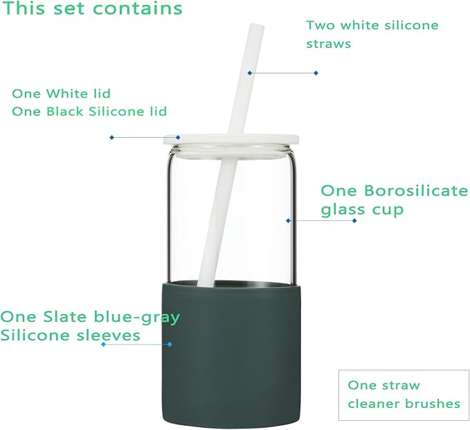 Sunseeke Glass Tumbler with Straw and Lid, 16oz Ice Coffee Cup, Silicone Sleeve Cleaning Brushes, Drinking Glasses for Water, Iced Coffee, Smoothie - BPA Free (Slate blue-gray)