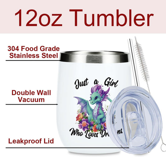 Cute Funny 12 oz Tumbler, Wine Tumbler Insulated Wine Glass with Lid, Dragon Gifts for Women Girls Dragon Decor Stuff for Friend Daughter Sister Bestie Animal Lover Friendship Christmas Birthday