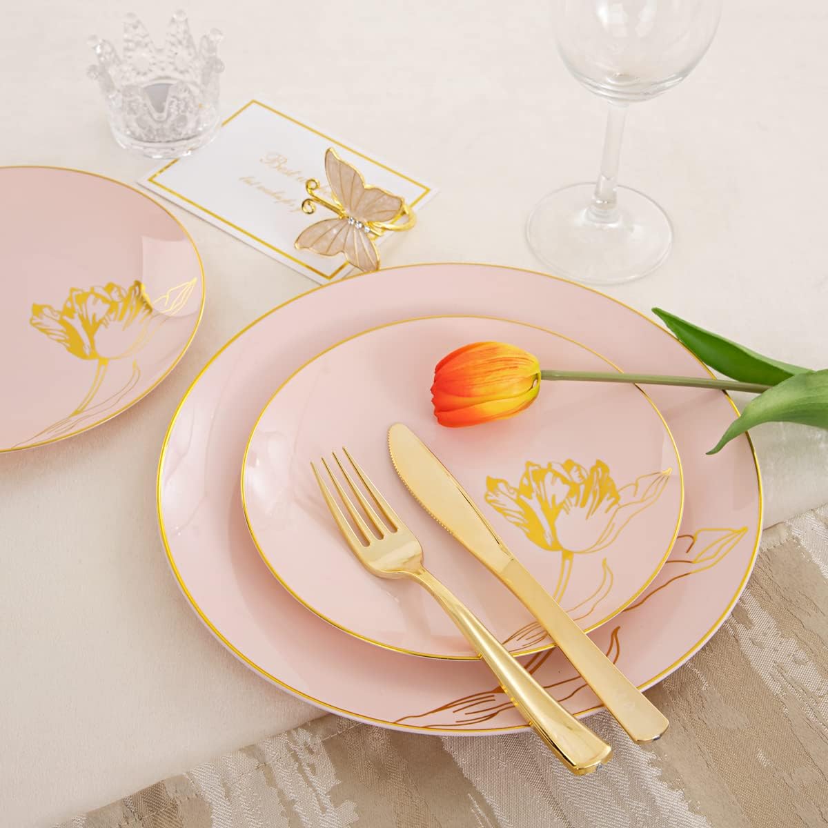 Nervure 175PCS Pink Plastic Plates - Floral Pink Gold Disposable Plates Include 50Plates, 25Forks, 25Knives, 25Spoons, 25Cups, 25Napkins Perfect for Wedding & Party & Easter & Mother's Day