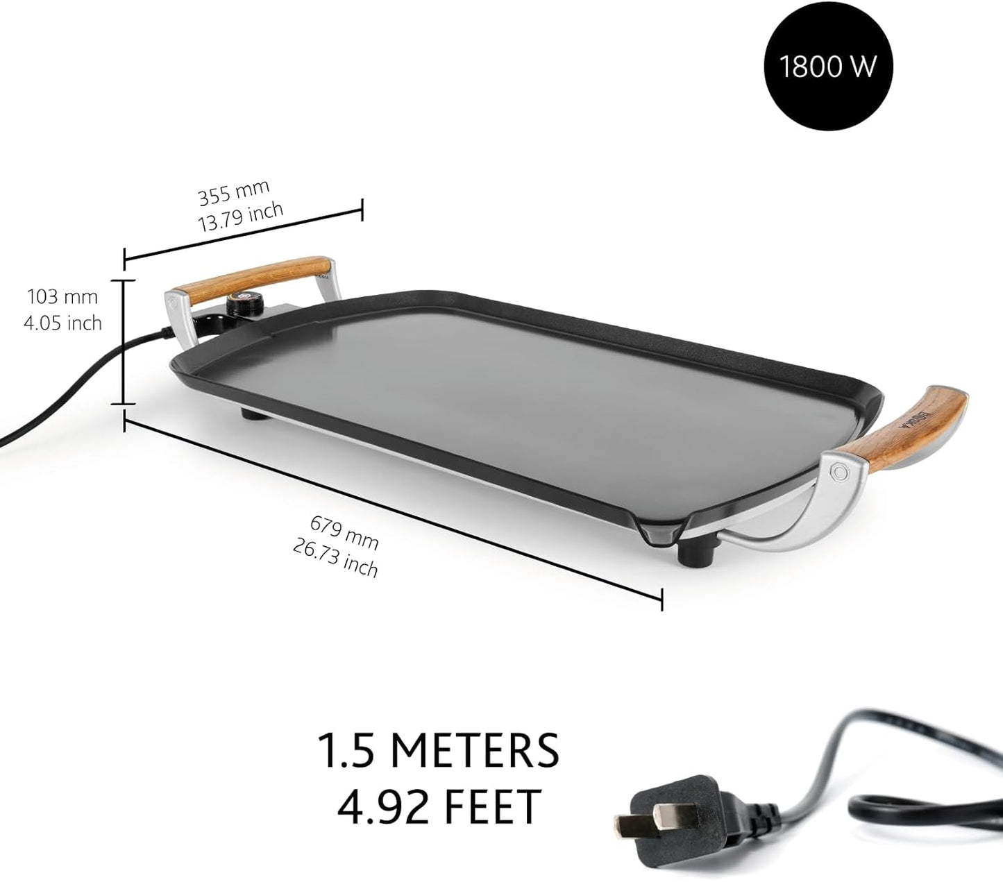 Boska Electric Griddle Pro – PFAS-Free Ceramic Nonstick Surface – Adjustable Heat up to 420°F – Grease Drain Spout – Oak Wood Handles – Black