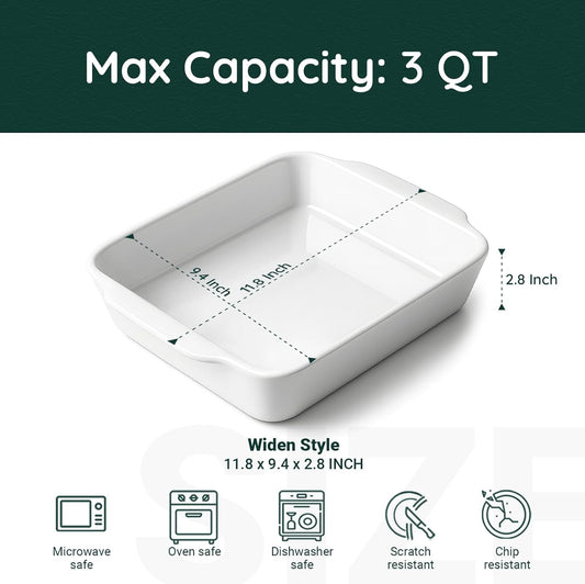 3 QT Wide Ceramic Baking Dish, White Casserole Dish with, Lasagna Pan for Oven, Ceramic Baking Pan, Kitchen Decor, Microwave Oven Safe, Dinner, Wedding (9.4" x 11.8")