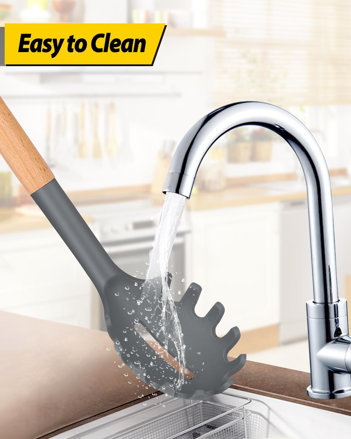 Silicone Pasta Fork and Ladle Spoon Set with Wooden Handle, Heat Resistant Non Stick Kitchen Utensils for Cooking, Stirring, Serving Spaghetti, Soup, Sauce(GRAY)