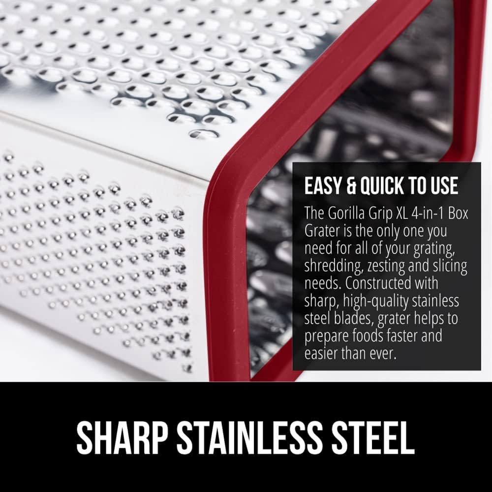 GORILLA GRIP 4-Sided 100% BPA-Free Cheese Grater With Container, Stainless Steel XL Box Graters, Parmesan Shredder, Grate Cheeses, Shred Veggies, Slip Resistant Handle, Dishwasher Safe Zester, Red