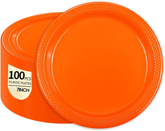 100 pcs Orange Plastic Plates Disposable 7inch Fall Party Dessert Dinner Plates Heavy Duty for Autumn Party,Halloween,Christmas,Thanksgiving day,Wedding, Valentines