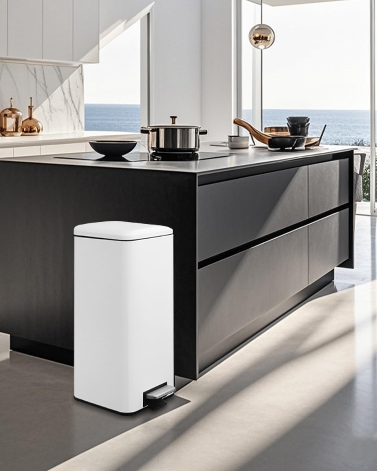 8 Gallon Square Trash Can with Lid, White Kitchen Trash Can with Soft Close, InnerBucket & Steel Pedal, Stainless Steel Garbage Can for Kitchen, Laundry Room, Office, Bathroom, Dorm