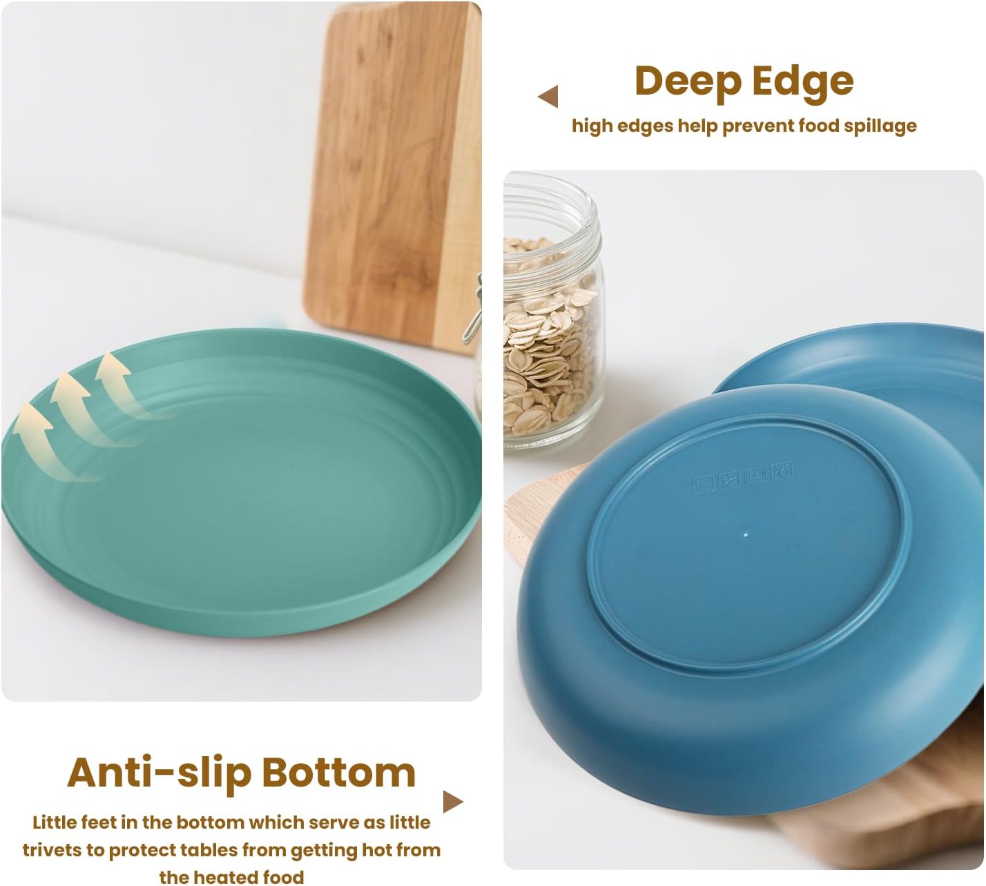 Wheat Straw Plate 9 Inch, Deep Dinner Plates Set of 8, Unbreakable Plastic Plate Reusable, Microwave & Dishwasher Safe Kitchen Plates for Camping, Picnic, Travel, Outdoor (Multi Colors)