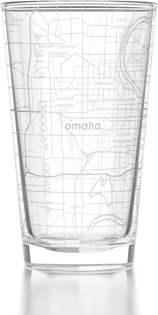 Well Told Engraved Omaha Nebraska Map Pint Glass, Etched Beer Gift (16 oz, Clear) City Map Pint, Custom City Glassware, Gifts For Beer Lovers