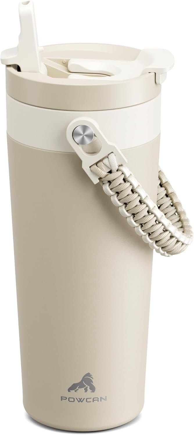 24 oz Insulated Coffee Mug for Commuters: 2-in-1 Straw Flip Lid, Keep Cold 24H, Fit in Car Cupholder, Leakproof, Stainless Steel Coffee Tumbler with Handle for Office, Travel, Gifts and Sports (Oat)