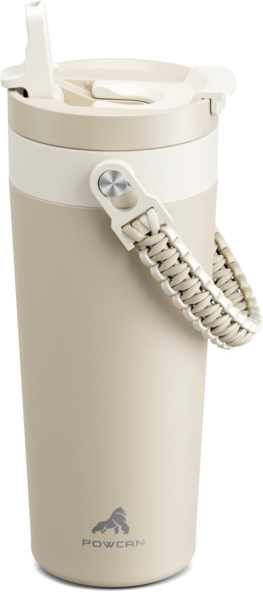 24 oz Insulated Coffee Mug for Commuters: 2-in-1 Straw Flip Lid, Keep Cold 24H, Fit in Car Cupholder, Leakproof, Stainless Steel Coffee Tumbler with Handle for Office, Travel, Gifts and Sports (Oat)