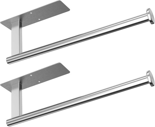 Paper Towel Holder Under Cabinet 2 Pack, Upgraded Adhesive Paper Towel Holder Wall Mount for Kitchen, Bathroom, RV, Bend-Resistant, Self-Adhesive or Drill mounting, Stainless Steel, Silver