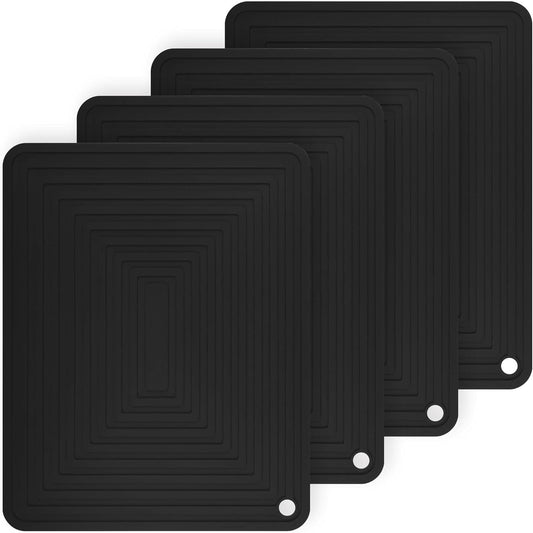 Silicone Trivets for Hot Dishes-Pots and Pans, Heat Resistant Mats Hot Pads for Kitchen Table, Non Slip Silicone Mats, Pot Holders, Flexible Placemats, Rectangular Microwave Mats Pack 4 Black