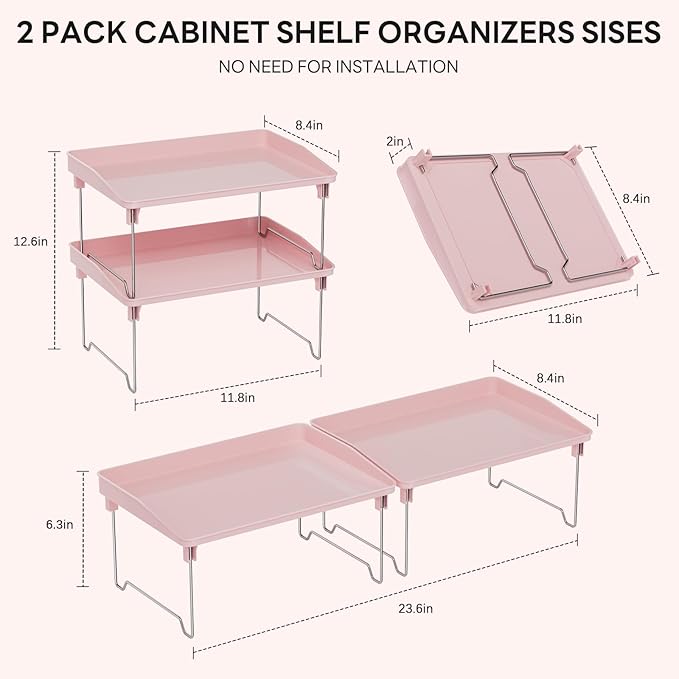 2 Pcs Cabinet Organizer Shelf，Stackable Kitchen Counter Shelves, Spice Rack,Countertop Organizers，Pink Plastic Storage Shelves Rack for Makeup，Bathroom, Cupboard，Desk，Pantry Organization