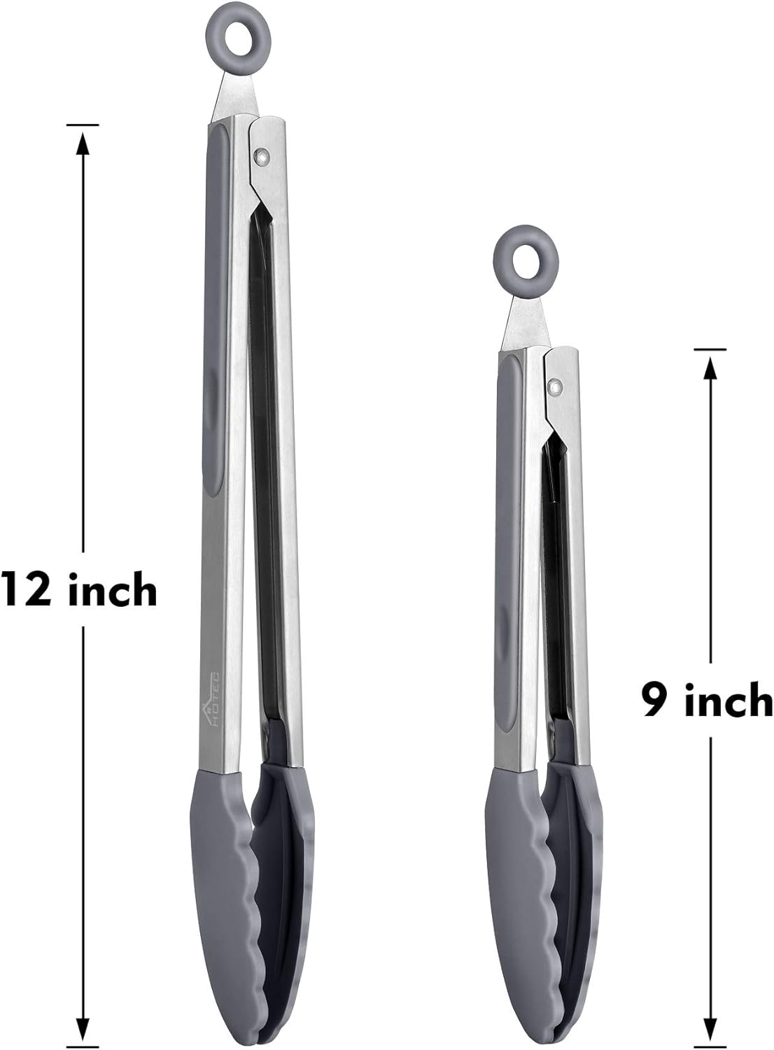 HOTEC Premium Stainless Steel Locking Kitchen Tongs with Silicon Tips, Set of 2-9" and 12" Light Grey