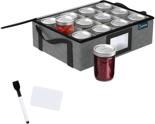 8oz 1/2 Pint Jelly Mason Jar Organizer, Sturdy Pantry Canning Jar Storage Containers, Holds 12 1/2 Pint Mason Jars, Foldable Canning Organizer, Stackable Home Storage Box w/Lid & Label holder