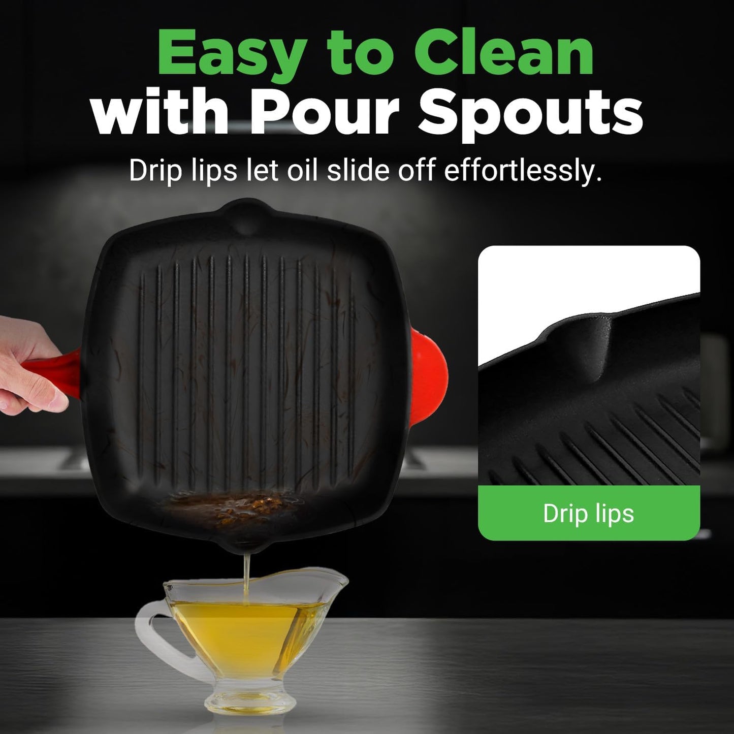 NutriChef 11" Enameled Cast Iron Steak Grill Pan - Square Skillet with Drip Spout, For All Cooktops, Perfect Grill Marks - NCCIES47